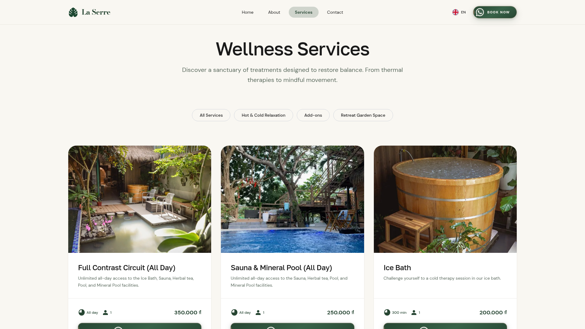 La Serre services page listing wellness offerings with pricing and duration